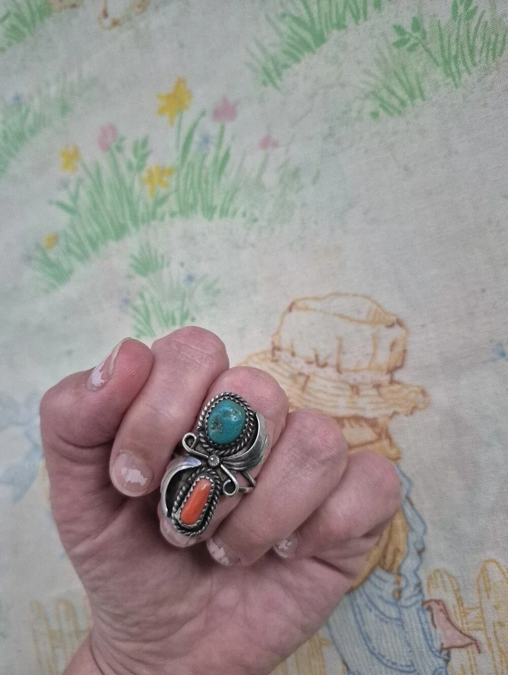 🌙Vintage Navajo Sterling Silver Turquoise & Coral Statement Ring